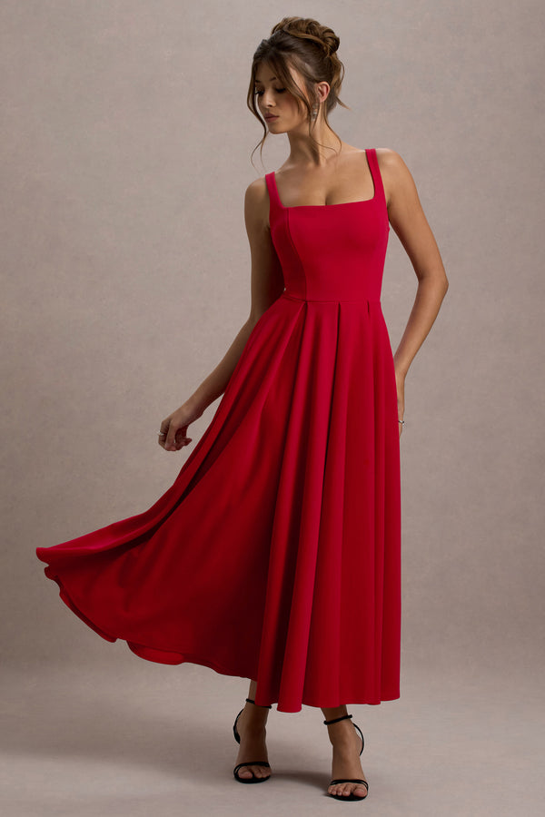 club dress outlet club l Parina Red Strappy Volume-Hem Midi Dress Outlet